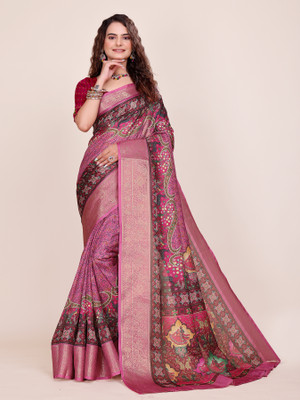 MAHARANI04CREATION Printed, Floral Print, Paisley, Woven Kalamkari Art Silk, Jacquard Saree(Magenta)