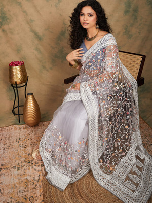 Divastri Embroidered Chanderi Net Saree(Grey)
