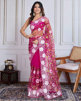 Verviza Embroidered Bollywood Net Saree(Red)