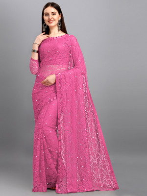 Croza Self Design Bollywood Net Saree(Pink)