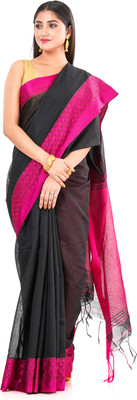 SAYAN CREATION Temple Border Handloom Cotton Blend Saree(Black)