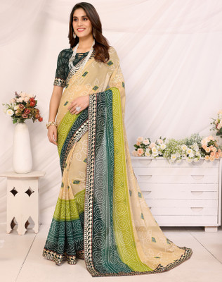 YASHIKA Printed Bandhani Georgette, Lace Saree(Multicolor)