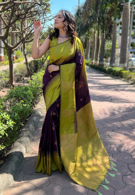 Madhav Creation Woven Banarasi Art Silk Saree(Purple)