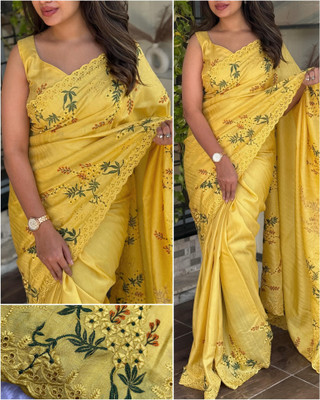 Tasrika Embroidered Bollywood Cotton Blend Saree(Yellow)