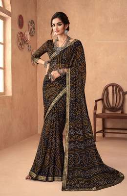Sudarshana Geometric Print Bandhani Chiffon Saree(Black)