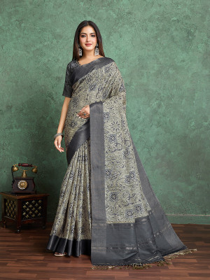 Divastri Digital Print, Printed Bollywood Tussar Silk Saree(Beige, Grey)
