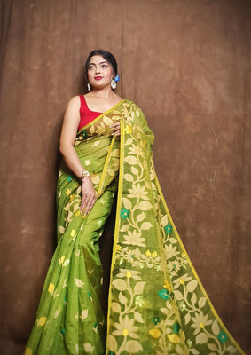 CommonHouseee Woven, Floral Print Jamdani Cotton Silk Saree(Dark Green, Gold)