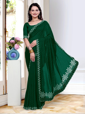 Tanvi Embellished Assam Silk Silk Blend Saree(Green)