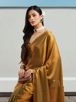 Croza Solid/Plain, Embellished Bollywood Silk Blend Saree(Gold)