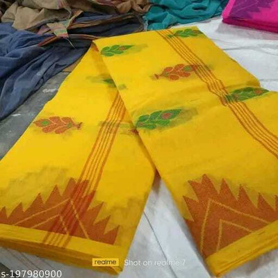 BiswasTextiles Self Design Tant Pure Cotton Saree(Yellow)