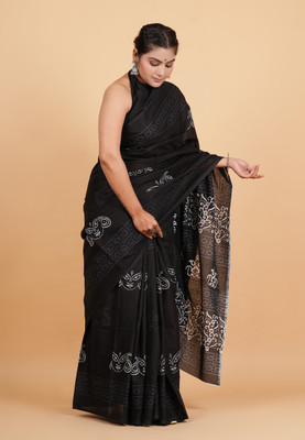 Krishna Creation Printed Handloom Pure Cotton Saree(Black)