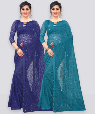 LOROFY Self Design Bollywood Net Saree(Pack of 2, Dark Blue)