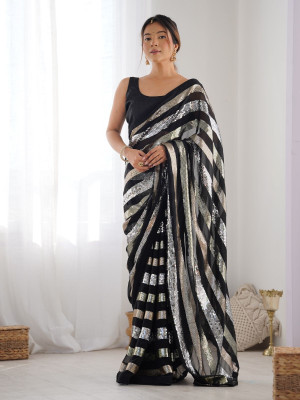 odette Embellished Saree with Attached Blouse Georgette Saree(Black)