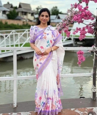SVB Sarees Digital Print Bollywood Cotton Linen Saree(Multicolor)
