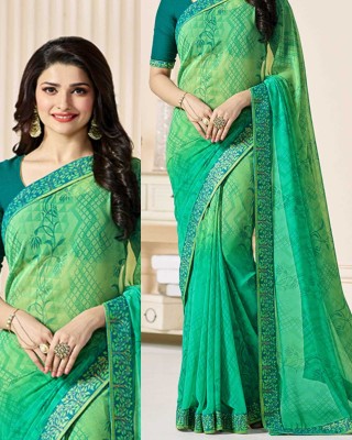 MEETVIN COUTURE Printed, Self Design, Digital Print, Embroidered, Floral Print, Solid/Plain Daily Wear Georgette, Chiffon Saree(Green)
