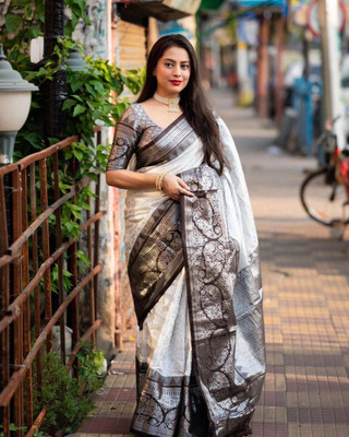 GATISHVAM TEXTILE Self Design Banarasi Art Silk Saree(White)