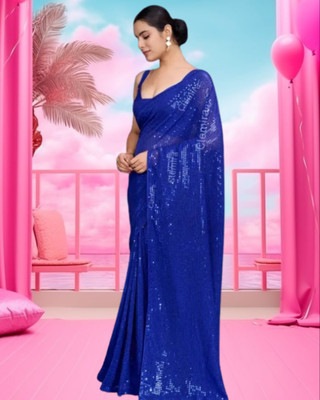 Jayu Digital Print, Dyed, Embroidered, Printed, Self Design, Striped Bollywood Georgette Saree(Blue)