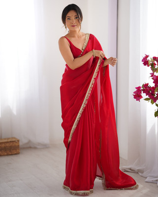 LeeliPeeri Designer Solid/Plain Bollywood Satin Saree(Pink)
