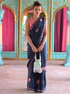 odette Embroidered Saree with Attached Blouse Georgette Saree(Blue)