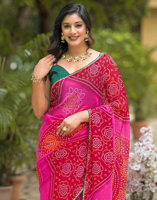 Samah Printed Bandhani Georgette, Chiffon Saree(Pink)