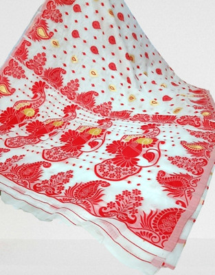 Kanokanjoli Printed Jamdani Handloom Cotton Blend Saree(White, Red)