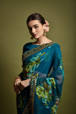 OM FASHIONN Self Design Bollywood Chiffon Saree(Blue)