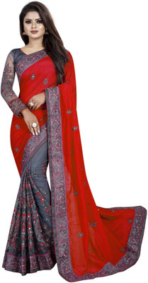b bella creation Embroidered Bollywood Net, Art Silk Saree(Red, Grey)