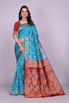 VKARAN Woven Kanjivaram Silk Blend Saree(Light Blue)