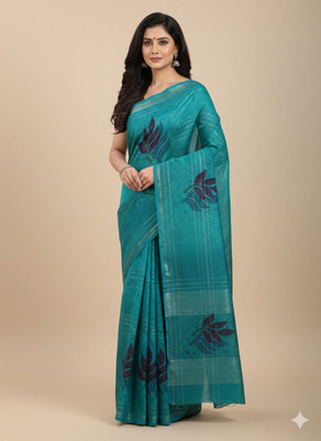 UNBRENDED Floral Print Banarasi Silk Blend Saree(Blue)