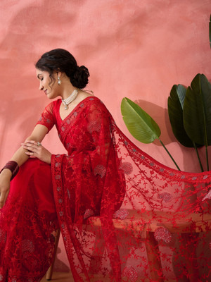 Sangria Embroidered Kalamkari Net Saree(Red)