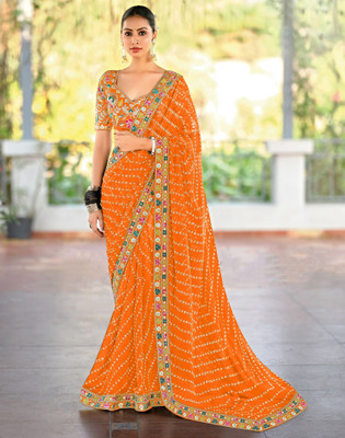 Satrani Embroidered Leheria Georgette Saree(Orange)