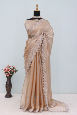 JENNYFEB Embellished Bollywood Jimmy choo Saree(Beige)