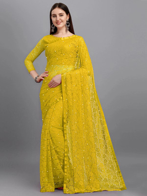 LOROFY Self Design Bollywood Net Saree(Yellow)