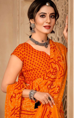 Xclusive Designer Geometric Print Bandhani Chiffon Saree(Mustard)