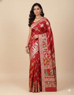 KALIPATRA Woven, Temple Border, Solid/Plain Baluchari Art Silk Saree(Red)