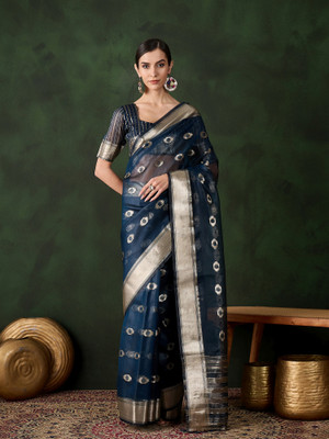 Sangria Woven Saree with Attached Blouse Organza Saree(Light Blue)