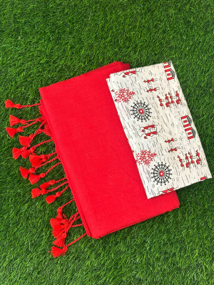 TARAMAACREATION Solid/Plain Bollywood Handloom Pure Cotton Saree(Red, White)