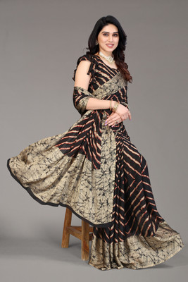 FABMORA Printed, Striped Leheria Chiffon, Georgette Saree(Black)