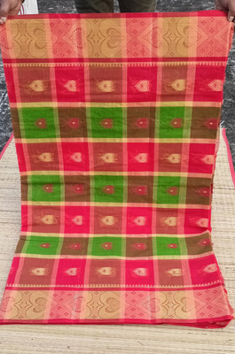 PRANATI ENTERPRISE Printed, Checkered Handloom Pure Cotton Saree(Green, Red)