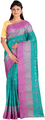 SABITA CUSTOMERY Self Design Handloom Pure Cotton Saree(Light Blue, Pink)
