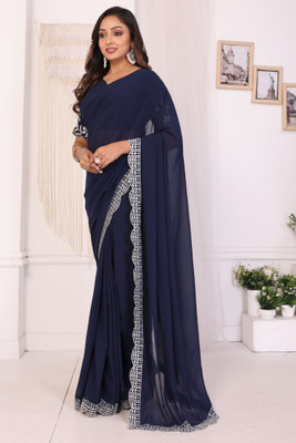 PATLANI STYLE Embroidered Pre Draped Saree Georgette Saree(Dark Blue)