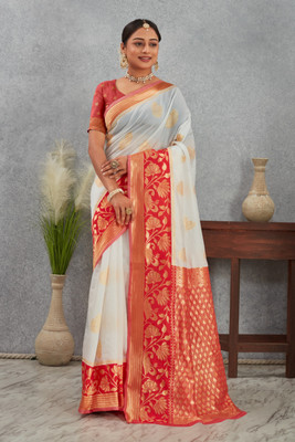 HouseOfCommon Printed Banarasi Art Silk Saree(White)