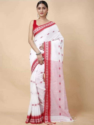 NADIA HANDALOOM Solid/Plain Handloom Pure Cotton Saree(White, Red)