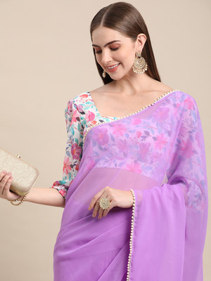 BAPS Solid/Plain, Floral Print Bollywood Georgette Saree(Purple)