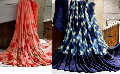 Sitanjali Floral Print Daily Wear Georgette Saree(Pack of 2, Red)