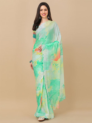 ROOP SUNDARI SAREES Color Block, Printed Bollywood Chiffon Saree(Light Green, Multicolor)