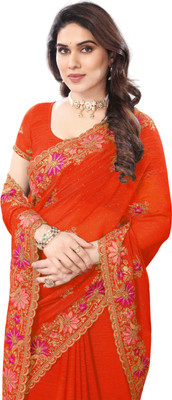 MIYANIFAB Embroidered Bollywood Georgette Saree(Orange)