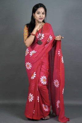 SOUMEN CREATION Printed Bollywood Handloom Cotton Blend Saree(Red)
