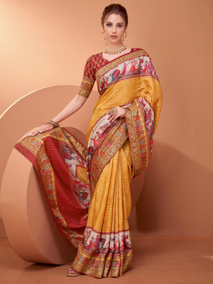 Sangria Printed Banarasi Viscose Rayon Saree(Mustard)