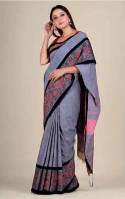 matri textile Woven Handloom Cotton Blend Saree(Grey)